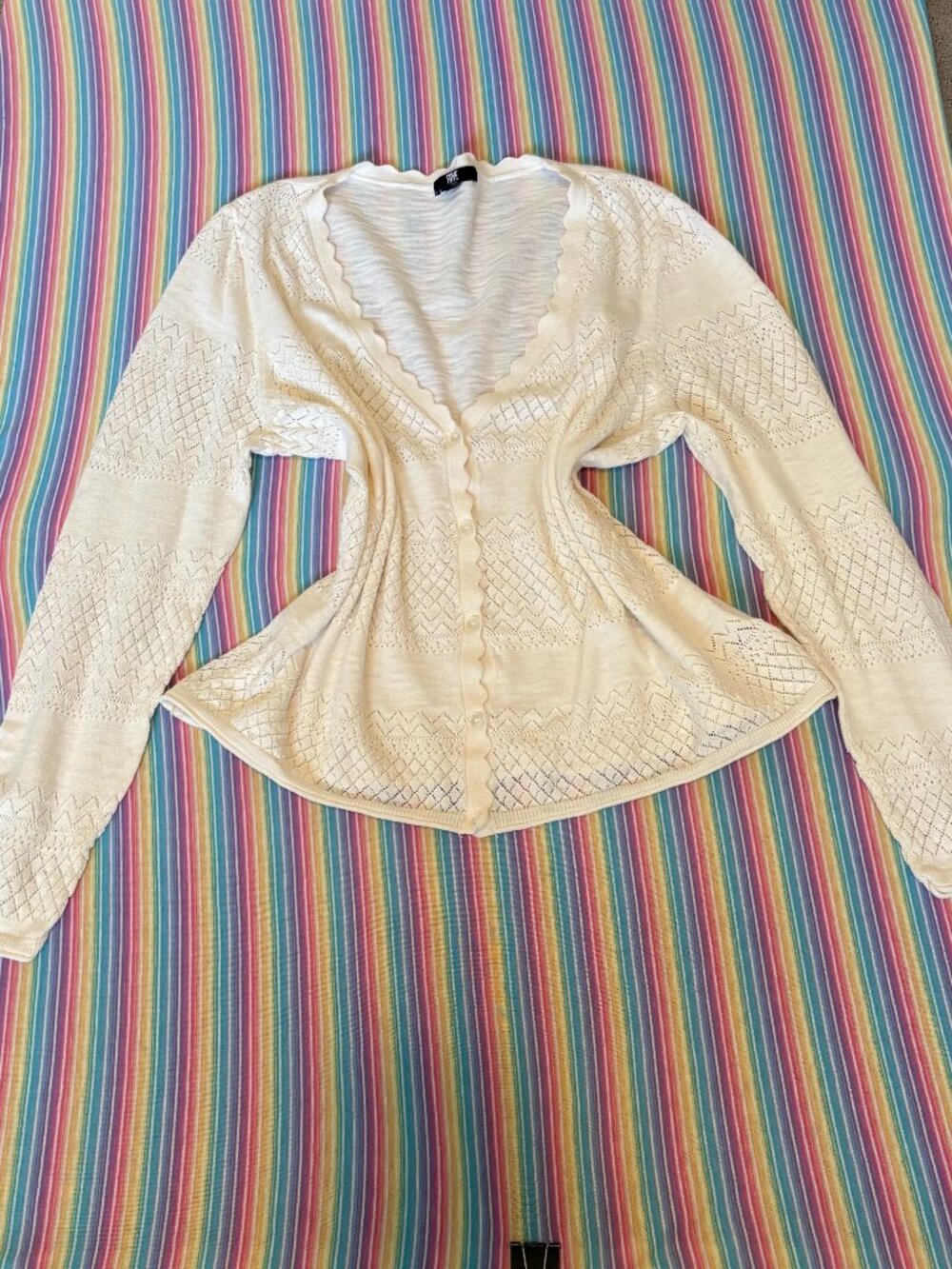 FRYE Cream Pointelle Open Knit Scalloped Button Down Cardigan Sweater Size XXL